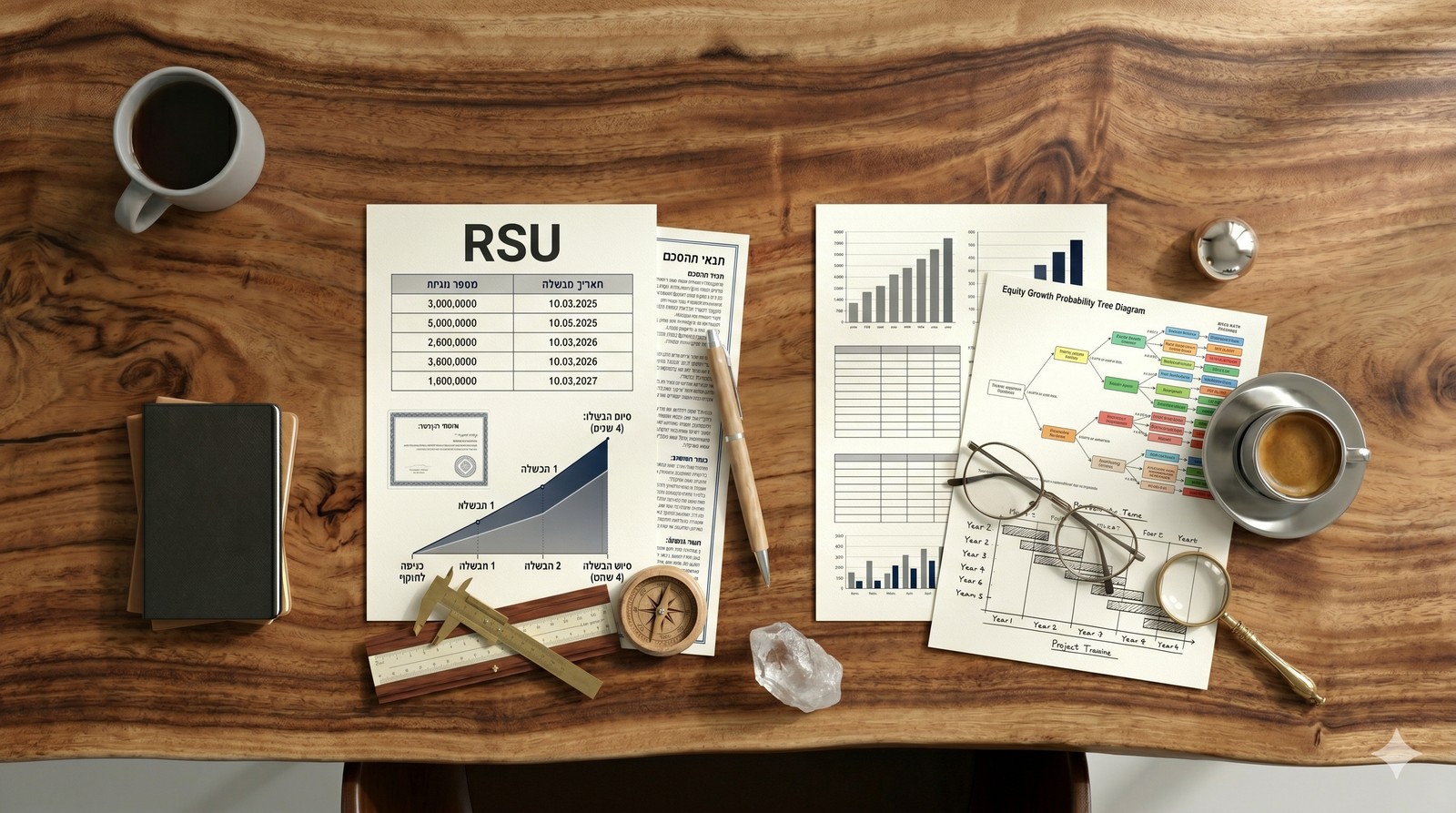 מתי לפדות RSU — שולחן מתכננת פיננסית עם מסמך תכנון